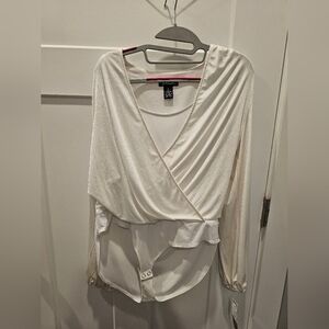 Prelude NWT Women’s Wrap Bodysuit Blouse Taupe Silver Size L Surplice Long Sleev